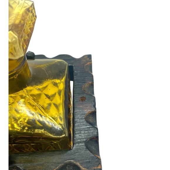 Vintage Mid=Century Amber Diamond cut Decanter and Glasses Dark Wood Caddy - Picture 6 of 8